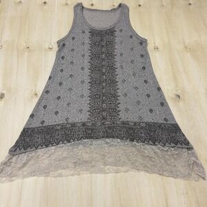 Y2K Be Vocal Tank Top Womens XL Gray Rhinestone Lace Hem Tunic Knit Stretch Boho